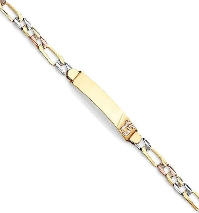 NEW 14K TRI COLOR GOLD DC FIGARO LINK 15 YEARS ID BRACELET: NEW 14K TRI COLOR GOLD DC FIGARO LINK 15 YEARS ID BRACELET DC FIGARO LINK 15 YEARS ID BRACELET NEW 14K TRI COLOR GOLD LENGTH - 7.25in Apx WEIGHT - 9.1g