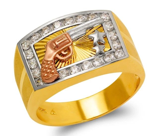 NEW 14K TRICOLOR GOLD MEN'S FANCY REVOLVER GUN RING: NEW 14K TRICOLOR GOLD MEN'S FANCY REVOLVER GUN RING MEN'S FANCY REVOLVER GUN RING NEW 14K TRICOLOR GOLD SIZE Apx: 13mm Apx. WEIGHT: 9.1g