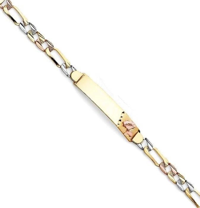 NEW 14K TRI COLOR GOLD DC FIGARO LINK FLOWER ID BRACELET: NEW 14K TRI COLOR GOLD DC FIGARO LINK FLOWER ID BRACELET DC FIGARO LINK FLOWER ID BRACELET NEW 14K TRI COLOR GOLD LENGTH - 7.25in Apx WEIGHT - 9g