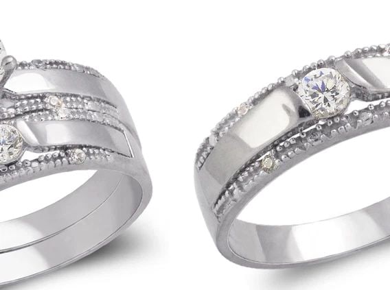 NEW 14K WHITE GOLD WHITE WEDDING TRIO RING SET: NEW 14K WHITE GOLD WHITE WEDDING TRIO RING SET WHITE WEDDING TRIO RING SET NEW 14K WHITE GOLD Apx. WIDTH: 6mm Apx. WEIGHT: 9.0g