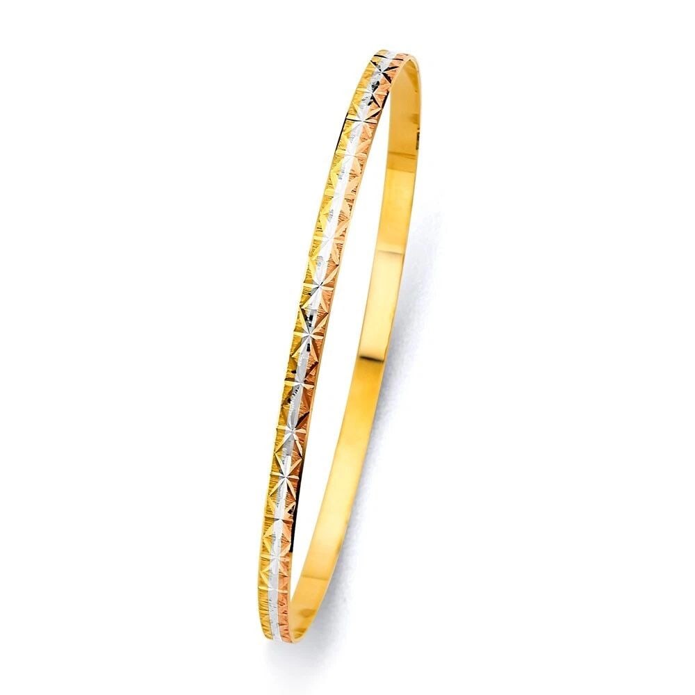 NEW 14K TRI COLOR GOLD 3.5MM SOLID BANGLE: NEW 14K TRI COLOR GOLD 3.5MM SOLID BANGLE 3.5MM SOLID BANGLE NEW 14K TRI COLOR GOLD LENGTH - 7in Apx WEIGHT - 6.6g .