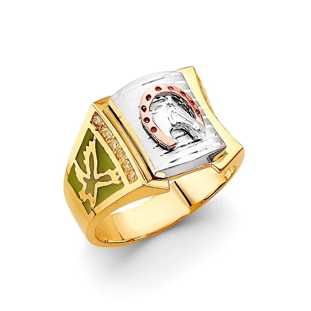 NEW 14K TRI COLOR GOLD HORSE SHOE MEN'S RING - SIZE 10: NEW 14K TRI COLOR GOLD HORSE SHOE MEN'S RING HORSE SHOE MEN'S RING NEW 14K TRI COLOR GOLD WIDTH : WEIGHT : 8.9g