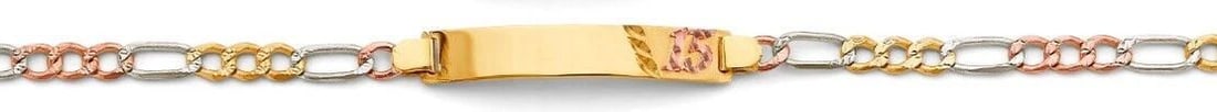 NEW 14K TRI COLOR GOLD FIGARO 15 YEARS ID BRACELET: NEW 14K TRI COLOR GOLD FIGARO 15 YEARS ID BRACELET FIGARO 15 YEARS ID BRACELET NEW 14K TRI COLOR GOLD LENGTH - 7.5in Apx WEIGHT - g