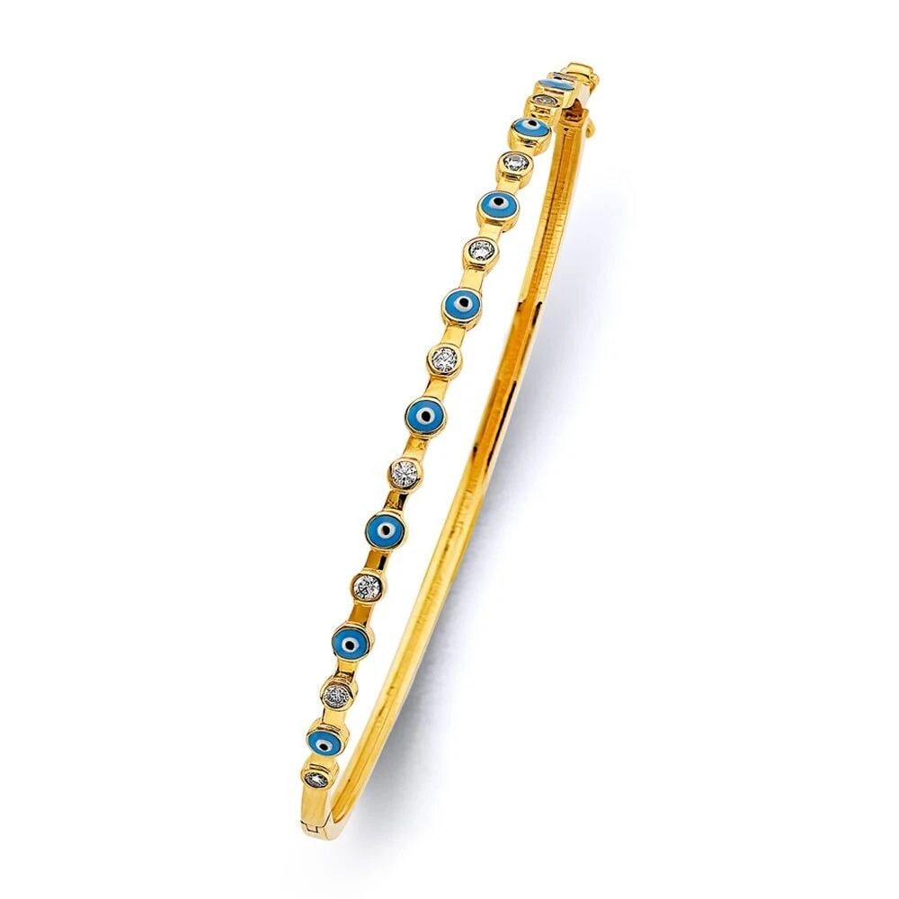 NEW 14K YELLOW GOLD EVIL EYE OVAL BANGLE: NEW 14K YELLOW GOLD EVIL EYE OVAL BANGLE EVIL EYE OVAL BANGLE NEW 14K YELLOW GOLD LENGTH - 7in Apx WEIGHT - 6.4g .