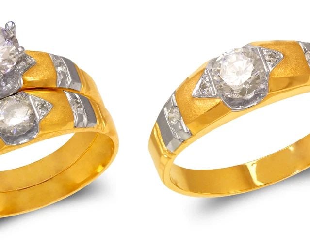 NEW 14K TWO TONE GOLD TWO TONE WEDDING TRIO RING SET (1 of 2)