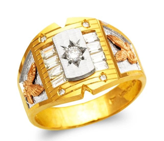 NEW 14K TRICOLOR GOLD MEN'S FANCY EAGLE RING: NEW 14K TRICOLOR GOLD MEN'S FANCY EAGLE RING MEN'S FANCY EAGLE RING NEW 14K TRICOLOR GOLD SIZE Apx: 16mm Apx. WEIGHT: 8.5g