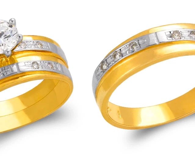 NEW 14K TWO TONE GOLD TWO TONE WEDDING TRIO RING SET: NEW 14K TWO TONE GOLD TWO TONE WEDDING TRIO RING SET TWO TONE WEDDING TRIO RING SET NEW 14K TWO TONE GOLD Apx. WIDTH: 6mm Apx. WEIGHT: 8.5g