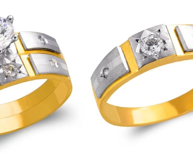 NEW 14K TWO TONE GOLD TWO TONE WEDDING TRIO RING SET: NEW 14K TWO TONE GOLD TWO TONE WEDDING TRIO RING SET TWO TONE WEDDING TRIO RING SET NEW 14K TWO TONE GOLD Apx. WIDTH: 6mm Apx. WEIGHT: 8.5g