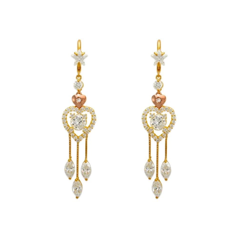 NEW 14K TWO TONE GOLD FANCY HEART DANGLING EARRINGS: NEW 14K TWO TONE GOLD FANCY HEART DANGLING EARRINGS FANCY HEART DANGLING EARRINGS NEW 14K TWO TONE GOLD Width: Approx. 13x59mm Apx WEIGHT: 8.5g