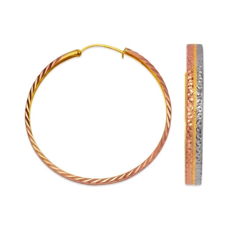 NEW 14K TRICOLOR GOLD 5MM STAMPING HOOP EARRINGS: NEW 14K TRICOLOR GOLD 5MM STAMPING HOOP EARRINGS 5MM STAMPING HOOP EARRINGS NEW 14K TRICOLOR GOLD Width: Approx. 5mm Apx WEIGHT: 1.6g