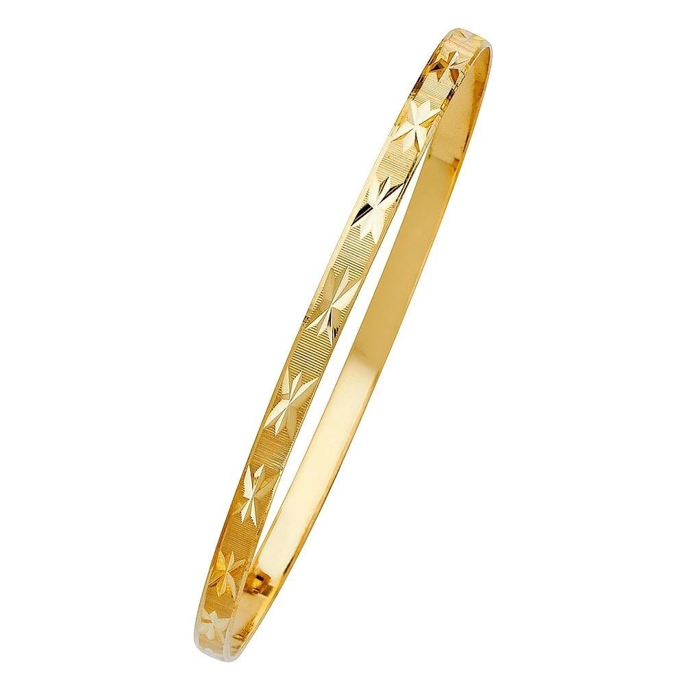 NEW 14K YELLOW GOLD 4MM SOLID BANGLE: NEW 14K YELLOW GOLD 4MM SOLID BANGLE 4MM SOLID BANGLE NEW 14K YELLOW GOLD LENGTH - 7in Apx WEIGHT - 6.3g