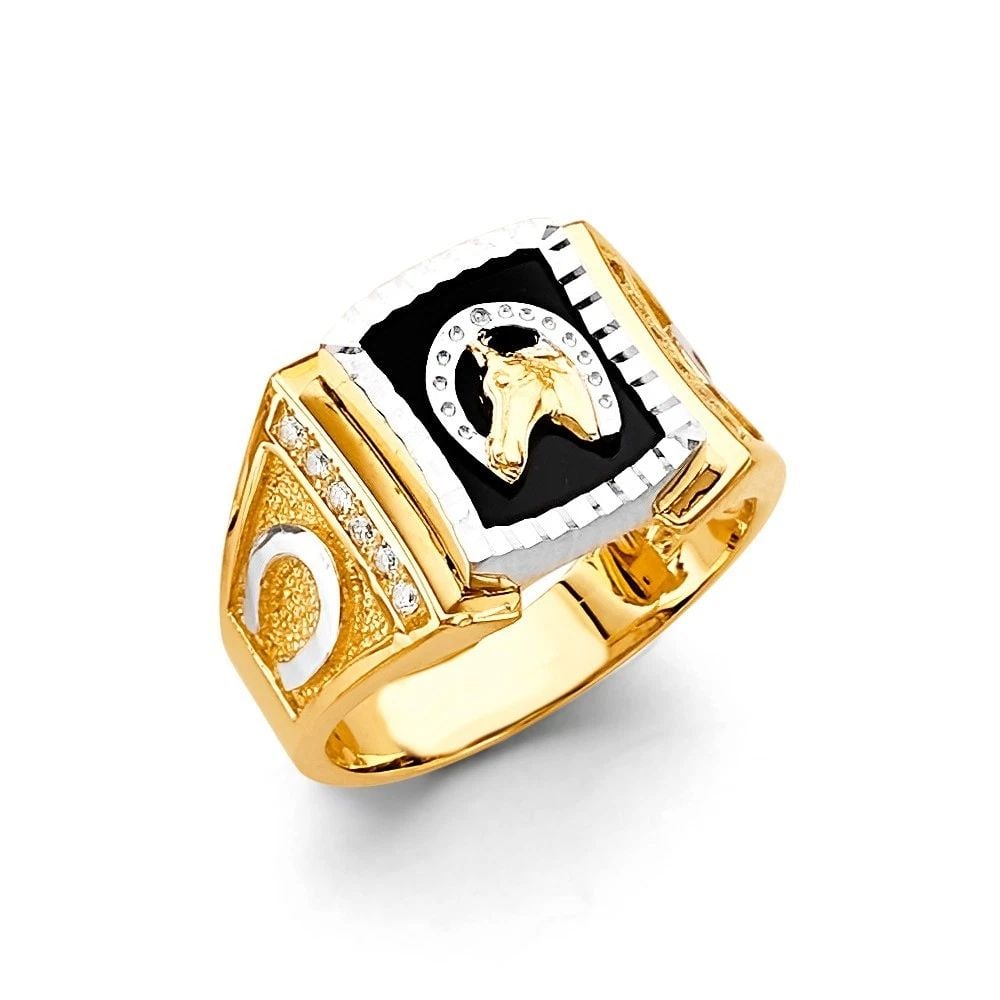 NEW 14K TWO TONE GOLD ONYX HORSE SHOE MEN'S RING (1 of 2)