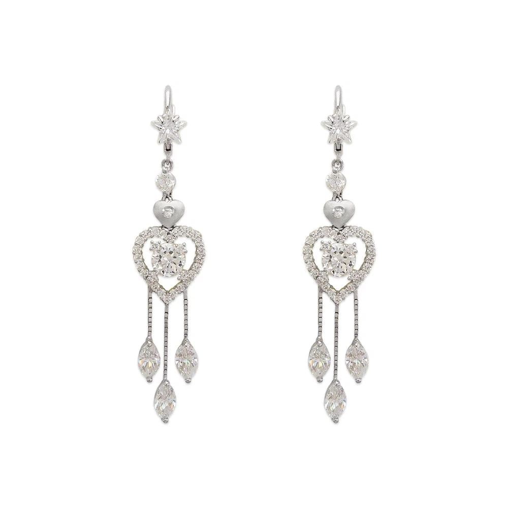 NEW 14K WHITE GOLD FANCY HEART DANGLING EARRINGS: NEW 14K WHITE GOLD FANCY HEART DANGLING EARRINGS FANCY HEART DANGLING EARRINGS NEW 14K WHITE GOLD Width: Approx. 13x59mm Apx WEIGHT: 8.3g