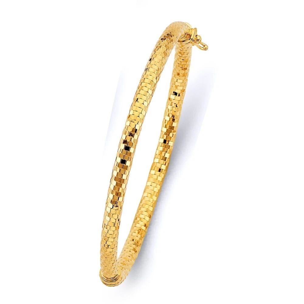 NEW 14K YELLOW GOLD HALF ROUND DOME HOLLOW OVAL BANGLE: NEW 14K YELLOW GOLD HALF ROUND DOME HOLLOW OVAL BANGLE HALF ROUND DOME HOLLOW OVAL BANGLE NEW 14K YELLOW GOLD LENGTH - 7in Apx WEIGHT - 6.1g .