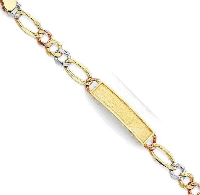 NEW 14K TRI COLOR GOLD FIGARO F BABY ID BRACELET: NEW 14K TRI COLOR GOLD FIGARO F BABY ID BRACELET FIGARO F BABY ID BRACELET NEW 14K TRI COLOR GOLD LENGTH - 6in Apx WEIGHT - 8.1g