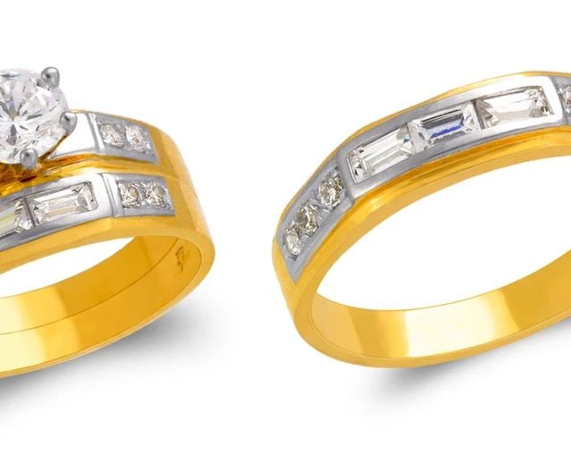 NEW 14K TWO TONE GOLD TWO TONE WEDDING TRIO RING SET (1 of 2)