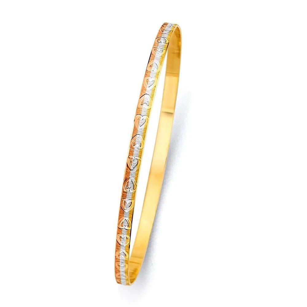 NEW 14K TRI COLOR GOLD 3.5MM SOLID BANGLE: NEW 14K TRI COLOR GOLD 3.5MM SOLID BANGLE 3.5MM SOLID BANGLE NEW 14K TRI COLOR GOLD LENGTH - 7in Apx WEIGHT - 5.8g .