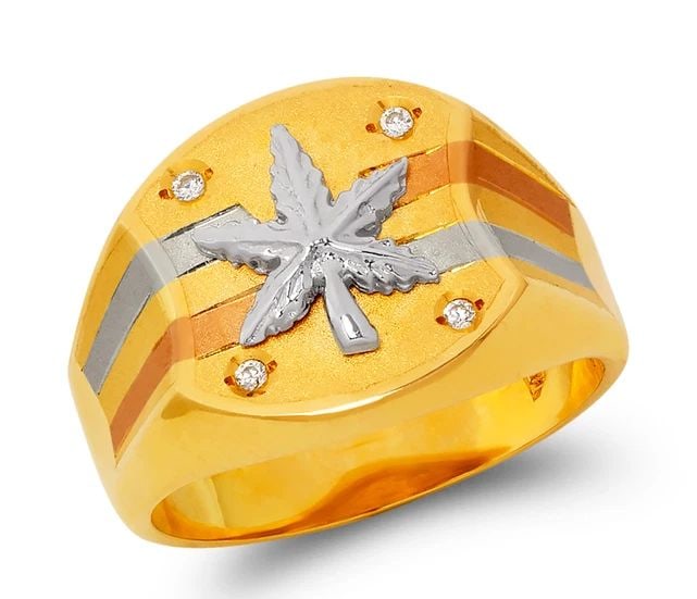 NEW 14K TRICOLOR GOLD MEN'S FANCY MARIJUANA RING (1 of 2)