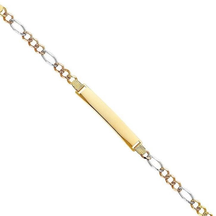 NEW 14K TRI COLOR GOLD FIGARO 3+1 ID BRACELET: NEW 14K TRI COLOR GOLD FIGARO 3+1 120 ID BRACELET FIGARO 3+1 ID BRACELET NEW 14K TRI COLOR GOLD LENGTH - 7.5in Apx WEIGHT - 7.7g