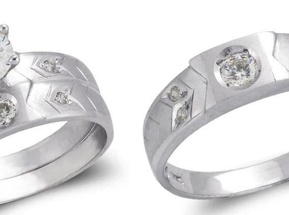 NEW 14K WHITE GOLD WHITE WEDDING TRIO RING SET (1 of 2)