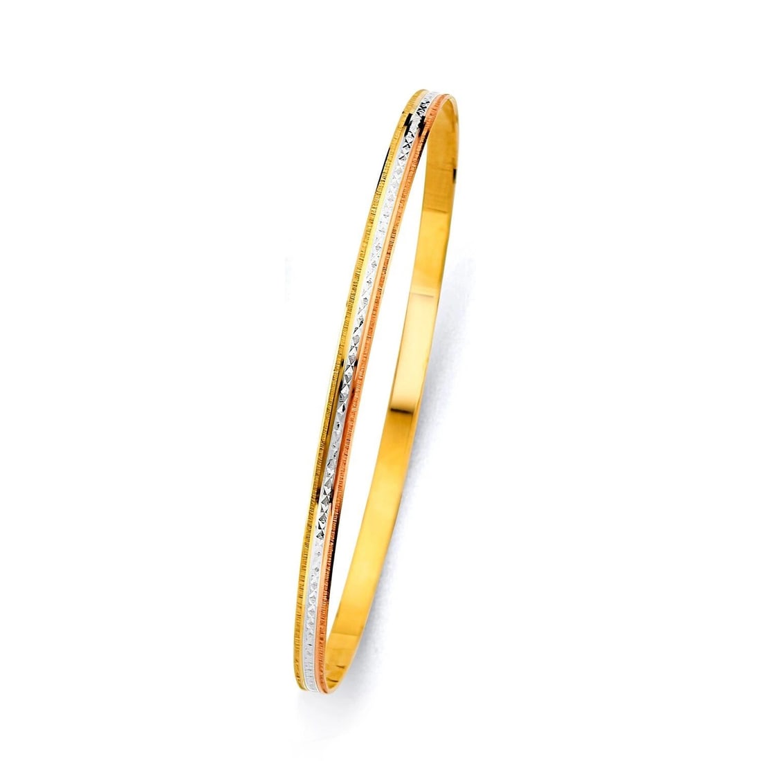 NEW 14K TRI COLOR GOLD 3.5MM SOLID BANGLE: NEW 14K TRI COLOR GOLD 3.5MM SOLID BANGLE 3.5MM SOLID BANGLE NEW 14K TRI COLOR GOLD LENGTH - 7in Apx WEIGHT - 5.6g .