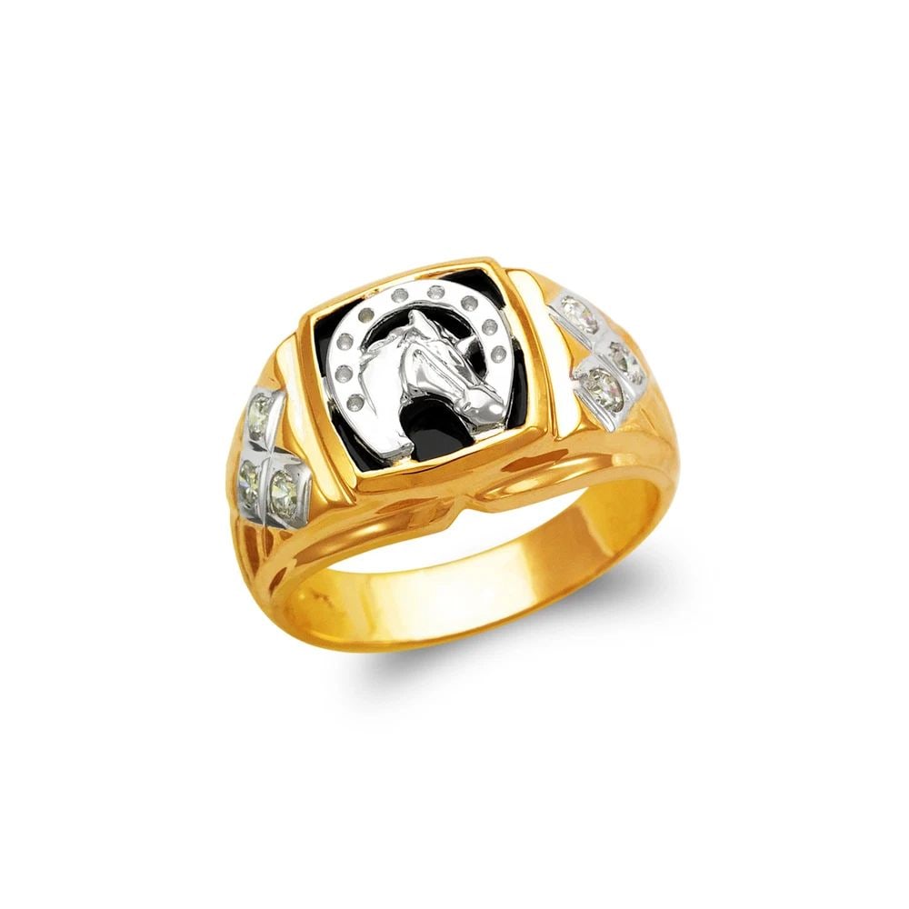 NEW 14K TWO TONE GOLD MEN'S FANCY HORSE IN HORSESHOE RING: NEW 14K TWO TONE GOLD MEN'S FANCY HORSE IN HORSESHOE RING MEN'S FANCY HORSE IN HORSESHOE RING NEW 14K TWO TONE GOLD Apx. WIDTH: 14mm Apx. WEIGHT: 7.5g