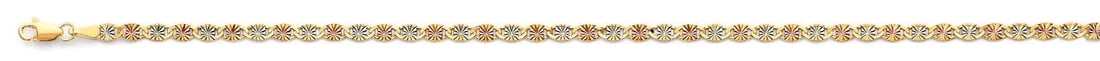 NEW 14K TRI COLOR GOLD 3.1MM FLAT VALENTINO STAR DC CHAIN: 14K TRI COLOR GOLD 3.1MM FLAT VALENTINO STAR DC CHAIN 3.1MM FLAT VALENTINO STAR DC CHAIN NEW 14K TRI COLOR GOLD WIDTH: 3.1mm AVERAGE Apx WEIGHT: 5.7g