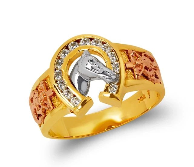 NEW 14K TRICOLOR GOLD MEN'S FANCY HORSE IN HORSESHOE RING (1 of 2)