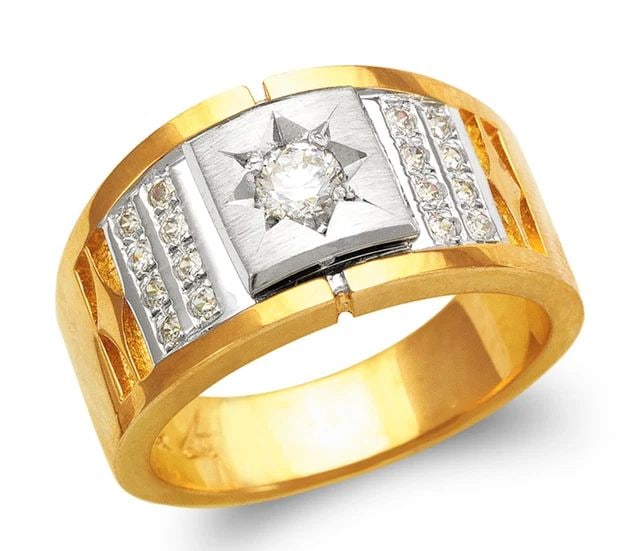 NEW 14K TWO TONE GOLD MEN'S FANCY RING: NEW 14K TWO TONE GOLD MEN'S FANCY RING MEN'S FANCY RING NEW 14K TWO TONE GOLD Apx. WIDTH: 12mm Apx. WEIGHT: 7.4g
