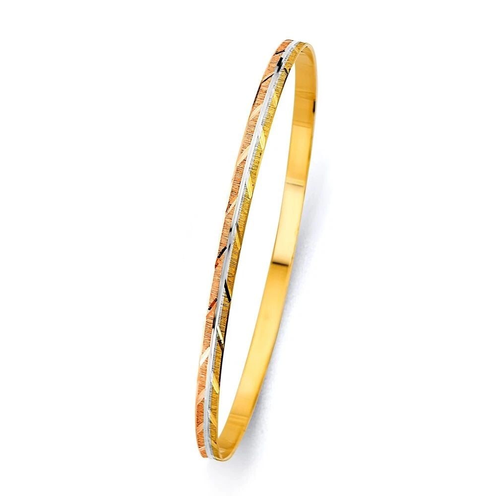 NEW 14K TRI COLOR GOLD 3.5mm SOLID BANGLE: NEW 14K TRI COLOR GOLD 3.5MM SOLID BANGLE 3.5MM SOLID BANGLE NEW 14K TRI COLOR GOLD LENGTH - 7in Apx WEIGHT - 5.4g