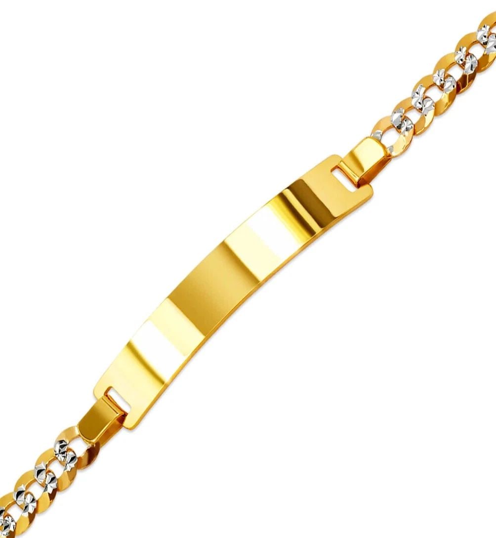 NEW 14K YELLOW WHITE PAVE GOLD CURB LIGHT ID BRACELET: NEW 14K YELLOW WHITE PAVE GOLD CURB LIGHT ID BRACELET 14K White Pave Gold Approx. 120 Gauge (7.0mm ID, 5.0mm Bracelet) High Polished Lobster Lock Weight: 7.3 Grams