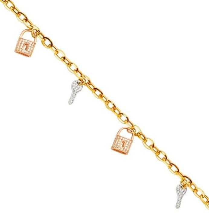 NEW 14K TRI COLOR GOLD KEY & LOCK BRACELET (1 of 2)