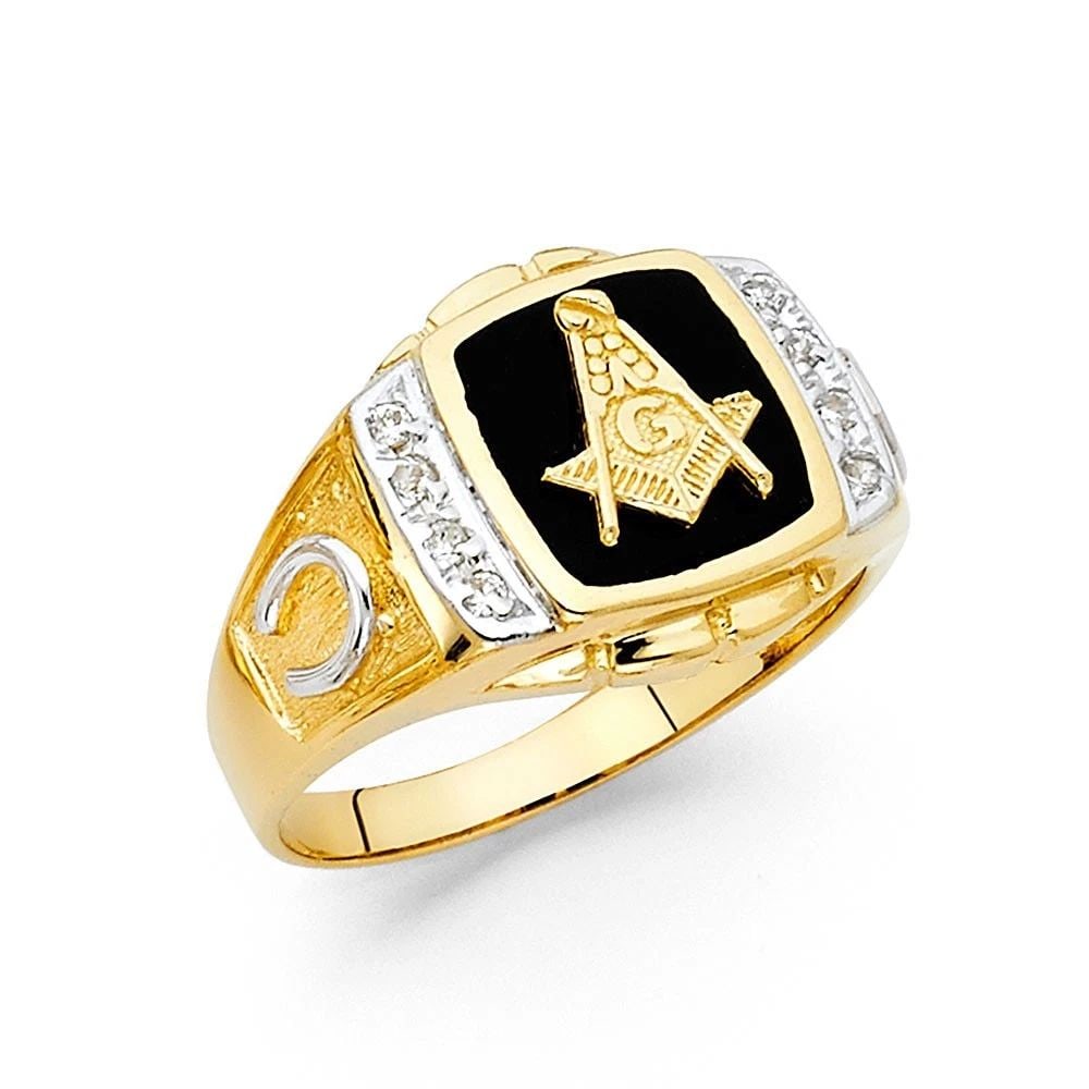 NEW 14K YELLOW GOLD ONYX MASONIC MEN'S RING - SIZE 10 (1 of 2)