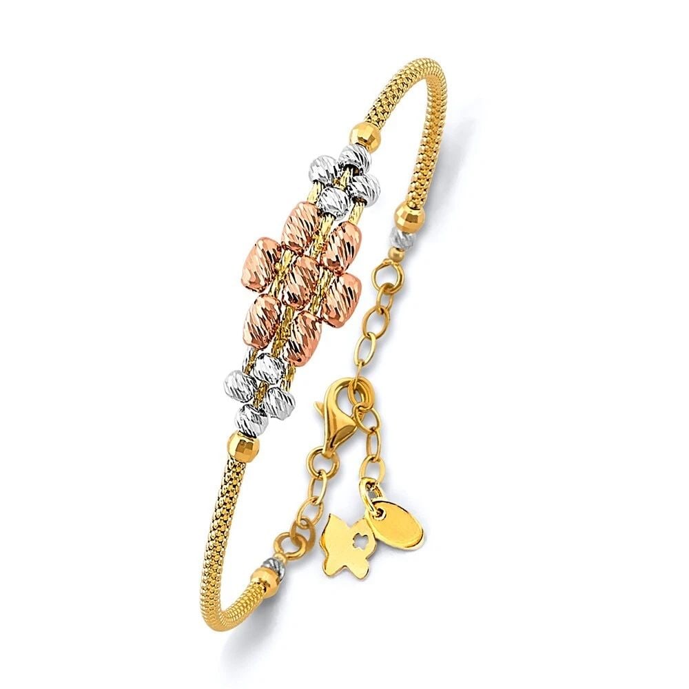 NEW 14K TRI COLOR GOLD FANCY ADJUST OVAL BANGLE: NEW 14K TRI COLOR GOLD FANCY ADJUST OVAL BANGLE WITH BALL FANCY ADJUST OVAL BANGLE WITH BALL NEW 14K TWO TONE GOLD LENGTH - 7in Apx WEIGHT - 5.4g .
