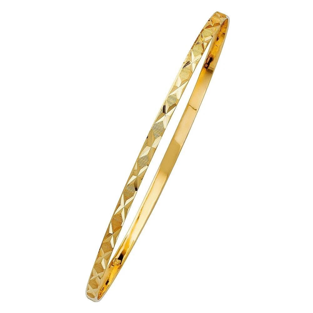 NEW 14K YELLOW GOLD 3MM SOLID BANGLE: NEW 14K YELLOW GOLD 3MM SOLID BANGLE 3MM SOLID BANGLE NEW 14K YELLOW GOLD LENGTH - 7in Apx WEIGHT - 5.3g