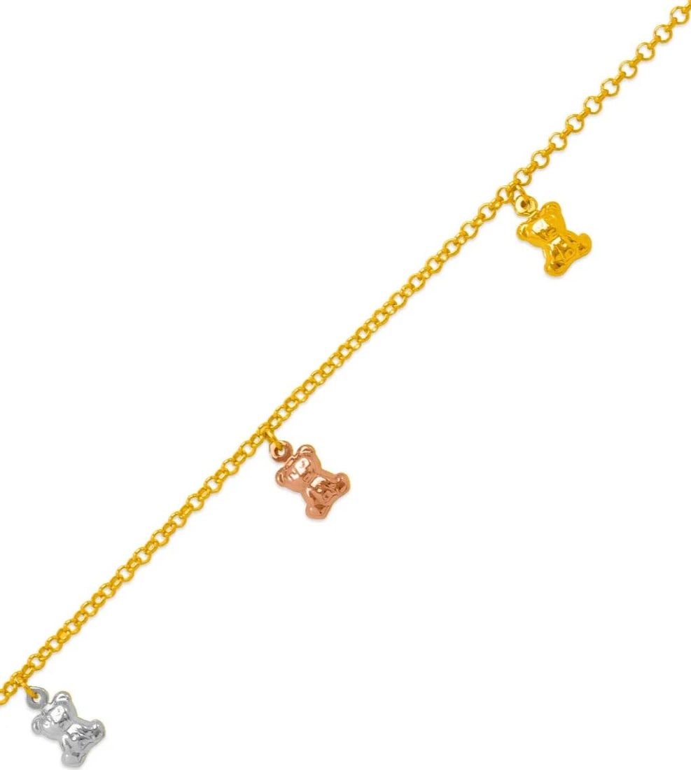 NEW 14K TRI COLOR GOLD TEDDY BEAR CHARM ANKLET: NEW 14K TRI COLOR GOLD CHARM ANKLET 14K Tri color Gold Approx. 2.2mm Link Approx. 11mm Charm 10" Long High Polished/Diamond Cut Lobster Lock Weight: 4.8 Grams