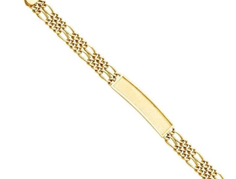 NEW 14K YELLOW GOLD 2LINE FIGARO FRAME KIDS ID BRACELET: 14K YELLOW GOLD 2LINE FIGARO FRAME KIDS ID BRACELET 2LINE FIGARO FRAME KIDS ID BRACELET NEW 14K YELLOW GOLD LENGTH - 7in Apx WEIGHT - 7g