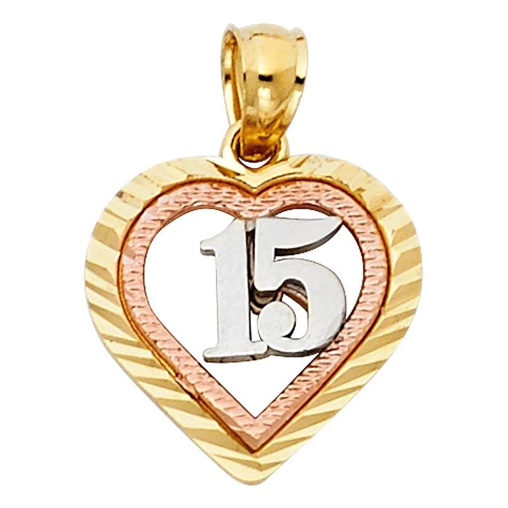 NEW 14K TRI COLOR GOLD 15 YEARS HEART PENDANT (1 of 2)