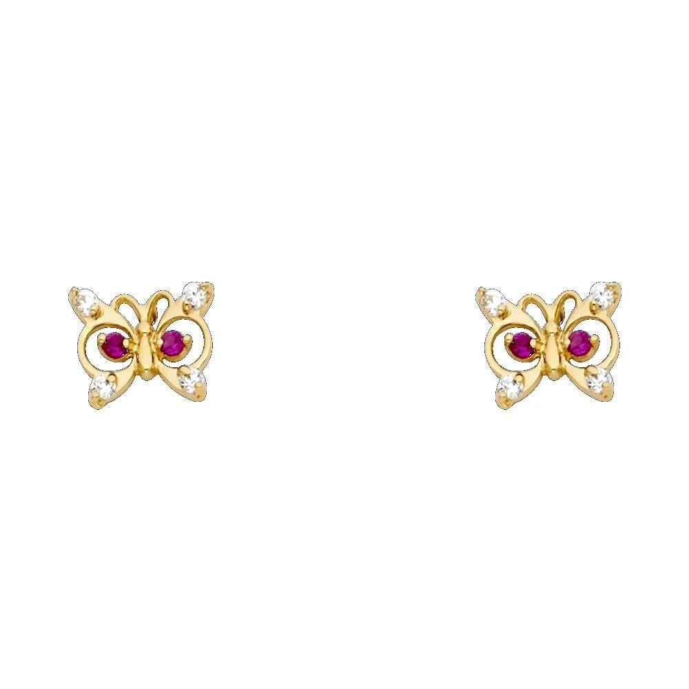 NEW 14K YELLOW GOLD BUTTERFLY RED STUD EARRINGS (1 of 2)
