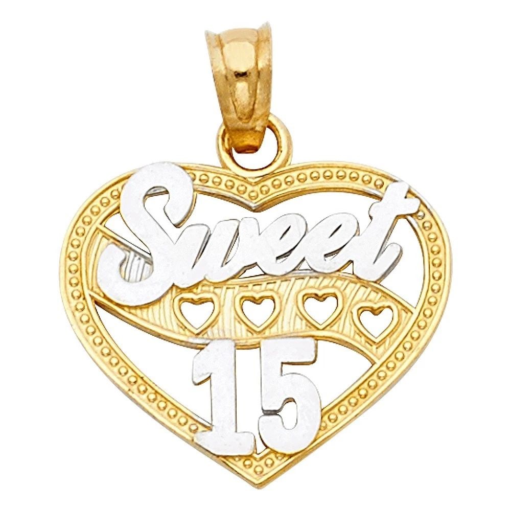 NEW 14K TWO TONE GOLD 15 YEARS HEART PENDANT (PT362): NEW 14K TWO TONE GOLD 15 YEARS HEART PENDANT (PT362) 15 YEARS HEART PENDANT (PT362) NEW 14K TWO TONE GOLD Height : 17 mm Width : 17 mm Apx. WEIGHT : 0.9g