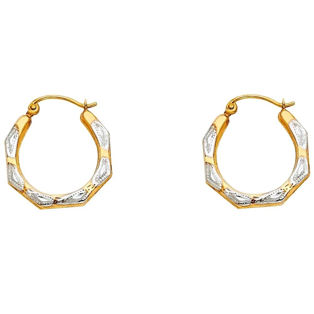 NEW 14K TWO TONE GOLD FANCY HOLLOW HOOP EARRINGS (1 of 2)