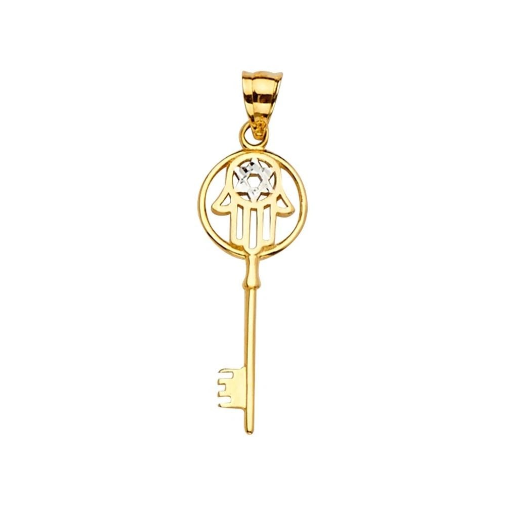 NEW 14K TWO TONE GOLD WITH HAMSA KEY PENDANT: NEW 14K TWO TONE GOLD HAMSA KEY PENDANT HAMSA KEY PENDANT NEW 14K TWO TONE GOLD Height : 30 mm Width : 9 mm Apx. WEIGHT : 0.9g