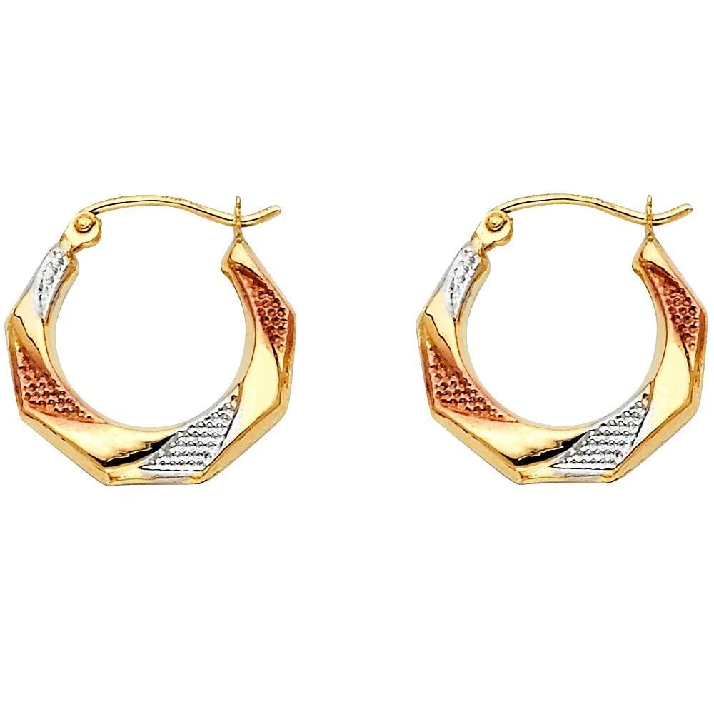 NEW 14K TRI COLOR GOLD FANCY HOLLOW HOOP EARRINGS: NEW 14K TRI COLOR GOLD FANCY HOLLOW HOOP EARRINGS FANCY HOLLOW HOOP EARRINGS NEW 14K TRI COLOR GOLD HEIGHT - 17 mm WIDTH - 17 mm Apx WEIGHT - 0.7 g