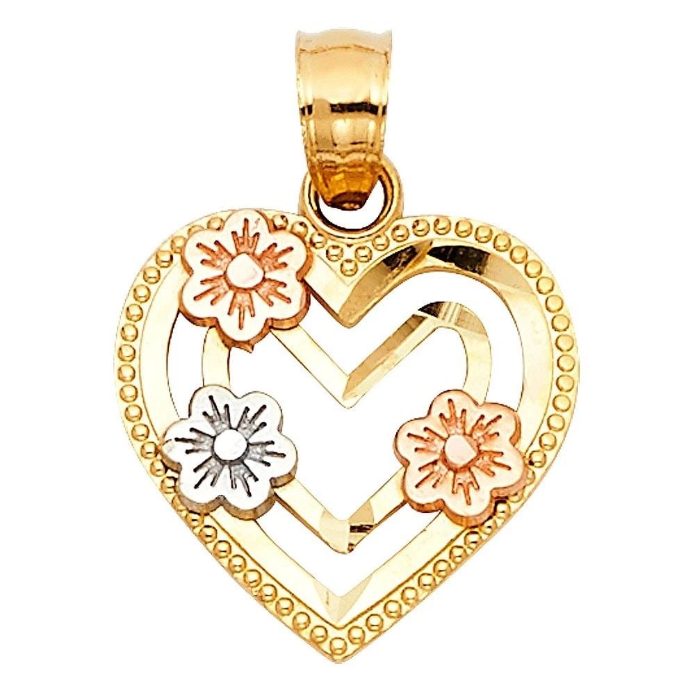 NEW 14K TRI COLOR GOLD HEART WITH FLOWER PENDANT: NEW 14K TRI COLOR GOLD HEART WITH FLOWER PENDANT HEART WITH FLOWER PENDANT NEW 14K TRI COLOR GOLD Height : 15 mm Width : 13 mm Apx. WEIGHT : 0.9g