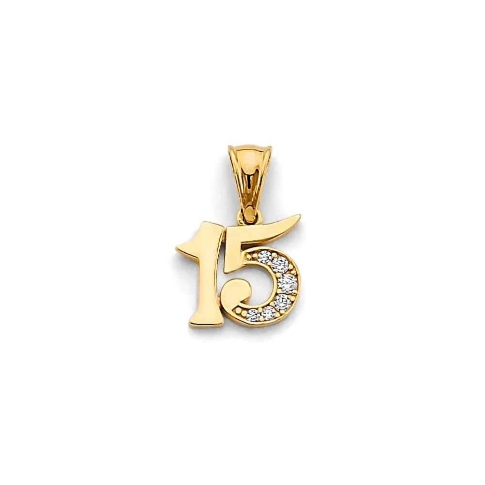 NEW 14K YELLOW GOLD 15 YEARS PENDANT: NEW 14K YELLOW GOLD 15 YEARS PENDANT 15 YEARS PENDANT NEW 14K YELLOW GOLD Height : 15 mm Width : 10 mm Apx. WEIGHT : 0.9g