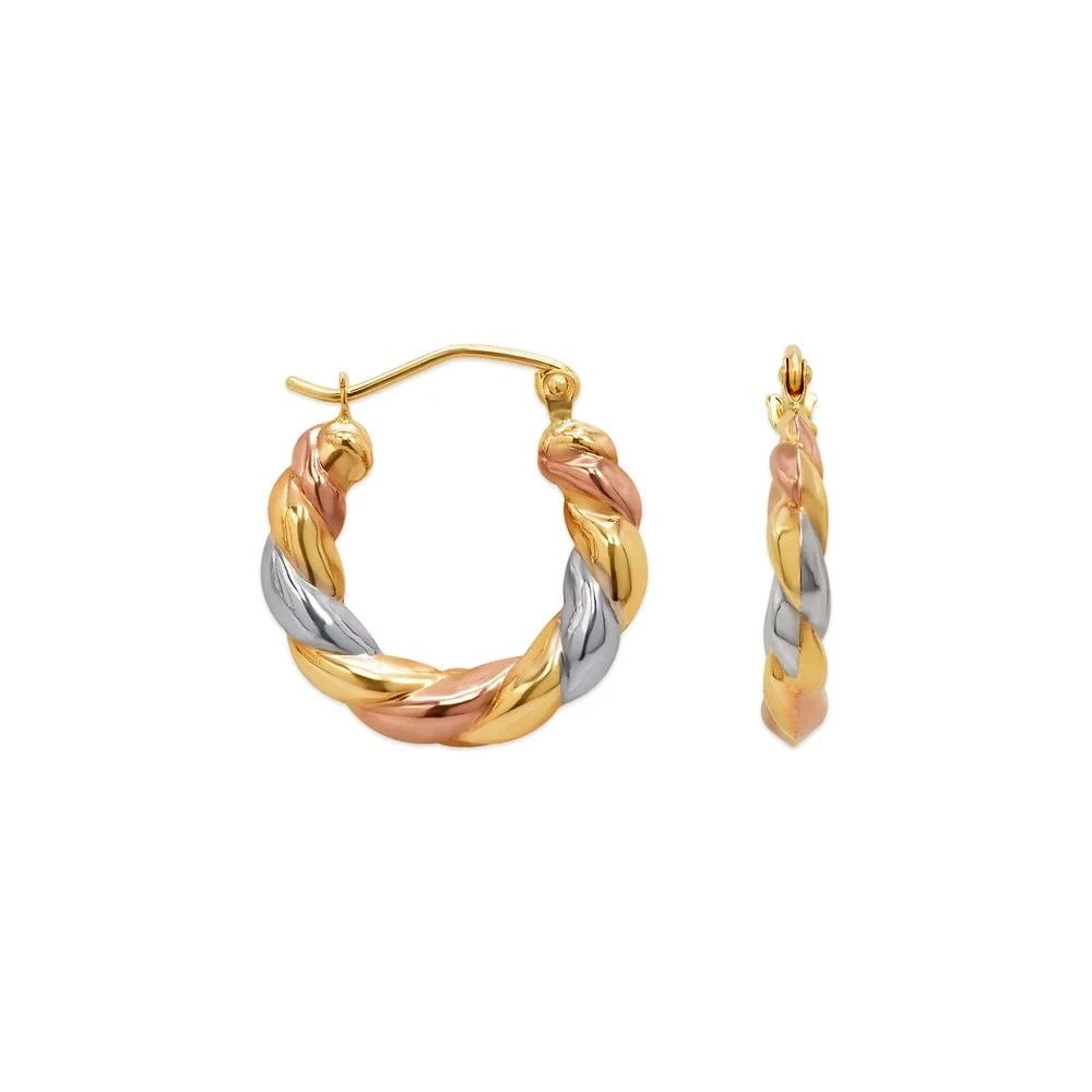 NEW 14K TRICOLOR GOLD HOLLOW BABY SHRIMP HOOP EARRINGS: NEW 14K TRICOLOR GOLD HOLLOW BABY SHRIMP HOOP EARRINGS HOLLOW BABY SHRIMP HOOP EARRINGS NEW 14K TRICOLOR GOLD Width: Approx. 18mm Apx WEIGHT: 0.9g