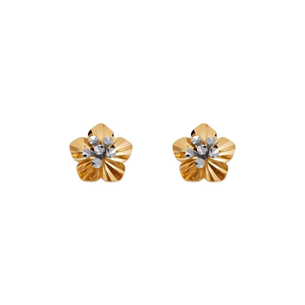 NEW 14K TWO TONE GOLD DIAMOND CUT FLOWER STUD EARRINGS: NEW 14K TWO TONE GOLD DIAMOND CUT FLOWER STUD EARRINGS DIAMOND CUT FLOWER STUD EARRINGS NEW 14K TWO TONE GOLD Width: Approx. 8mm Apx WEIGHT: 0.9g