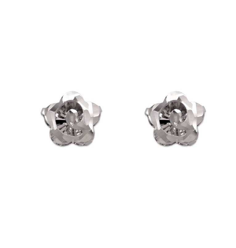 NEW 14K WHITE GOLD DIAMOND CUT FLOWER STUD EARRINGS: NEW 14K WHITE GOLD DIAMOND CUT FLOWER STUD EARRINGS DIAMOND CUT FLOWER STUD EARRINGS NEW 14K WHITE GOLD Width: Approx. 7mm Apx WEIGHT: 0.9g