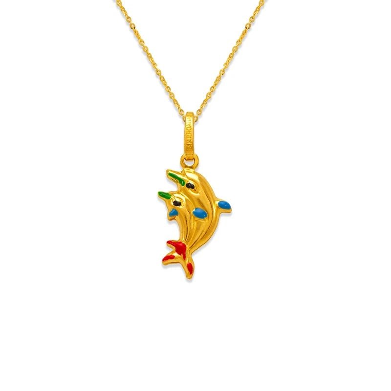 NEW 14K YELLOW GOLD TWO DOLPHINS ENAMEL CHARM PENDANT (1 of 2)
