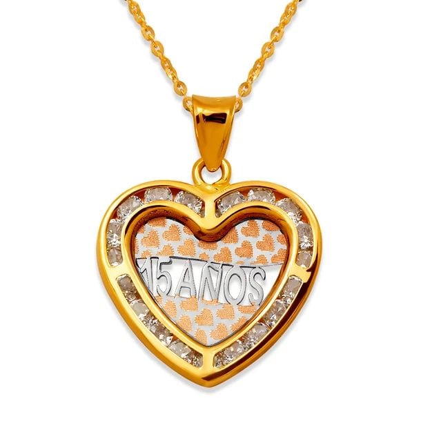 NEW 14K TRICOLOR GOLD 15 ANOS HEART PENDANT: NEW 14K TRICOLOR GOLD 15 ANOS HEART PENDANT 15 ANOS HEART PENDANT NEW 14K TRICOLOR GOLD Apx. WIDTH: 17x16mm Apx WEIGHT: 0.9g